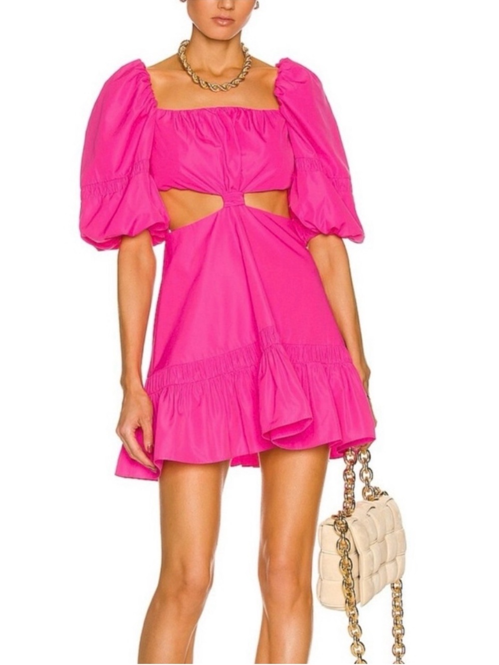 Alexis Hot Pink Puff-Sleeve Cutout Mini Dress